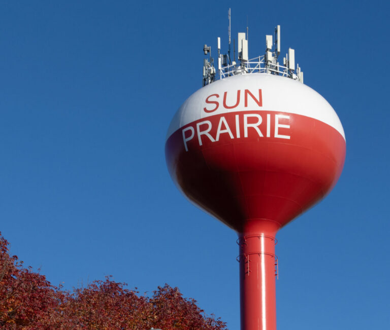 An image of the top of the Sheehan Park water tower.